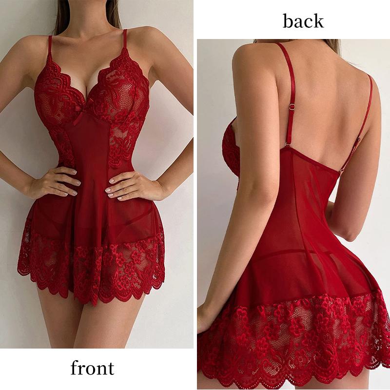 Women's Plus Size Lace Tight Fitting Clothes Sexy Transparent Pajamas Flower Lace Sheer Dress Sexy Mesh Fabric Dress Pajamas