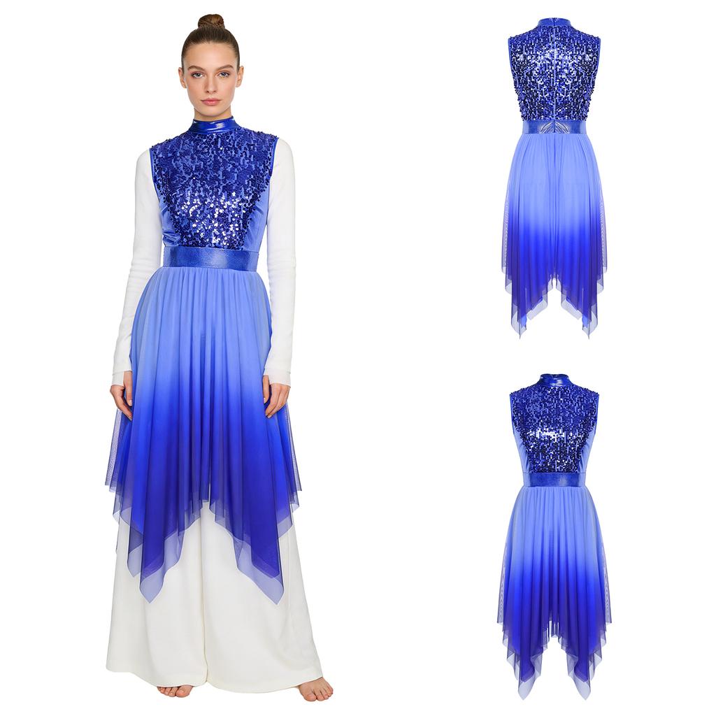 Sleeveless Glittery Sequined Bodice Worship Praise Dance Dress with Gradient Mesh and Irregular Hem for Lyrical Church Stage