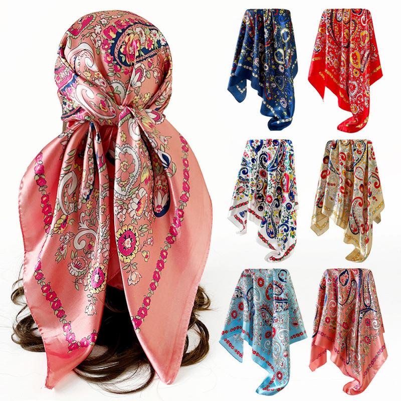 90cm Satin Square Scarf - Paisley Print, Versatile Headscarf, Bandana, or Waist Scarf