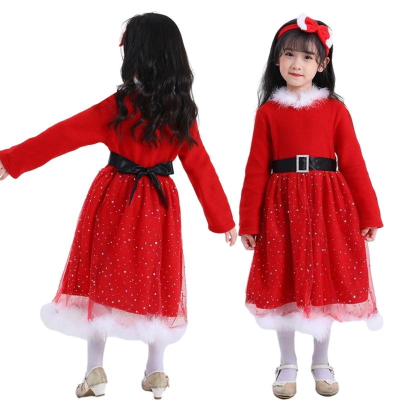 Santa Suit Christmas Santa Clauses Costume for Kids Girls Santa Costume Outfits Bow Headband + Glitter Tutu Dress