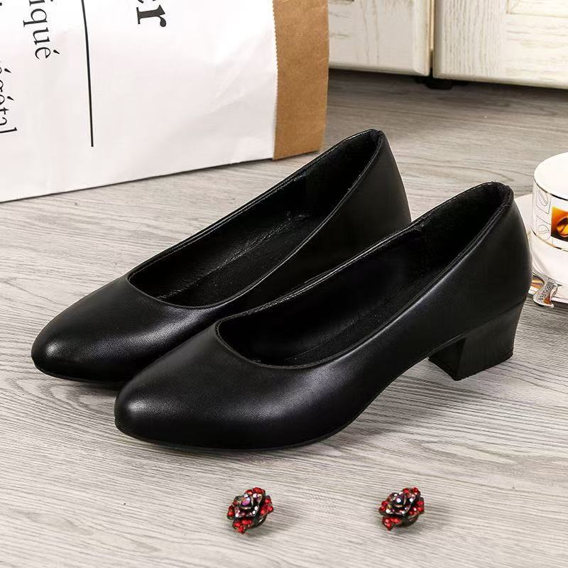 Leather Shoes Work Shoes Soft Leather Comfortable Spring New Black High Heel Thick Heel Soft Sole Single Shoes Women