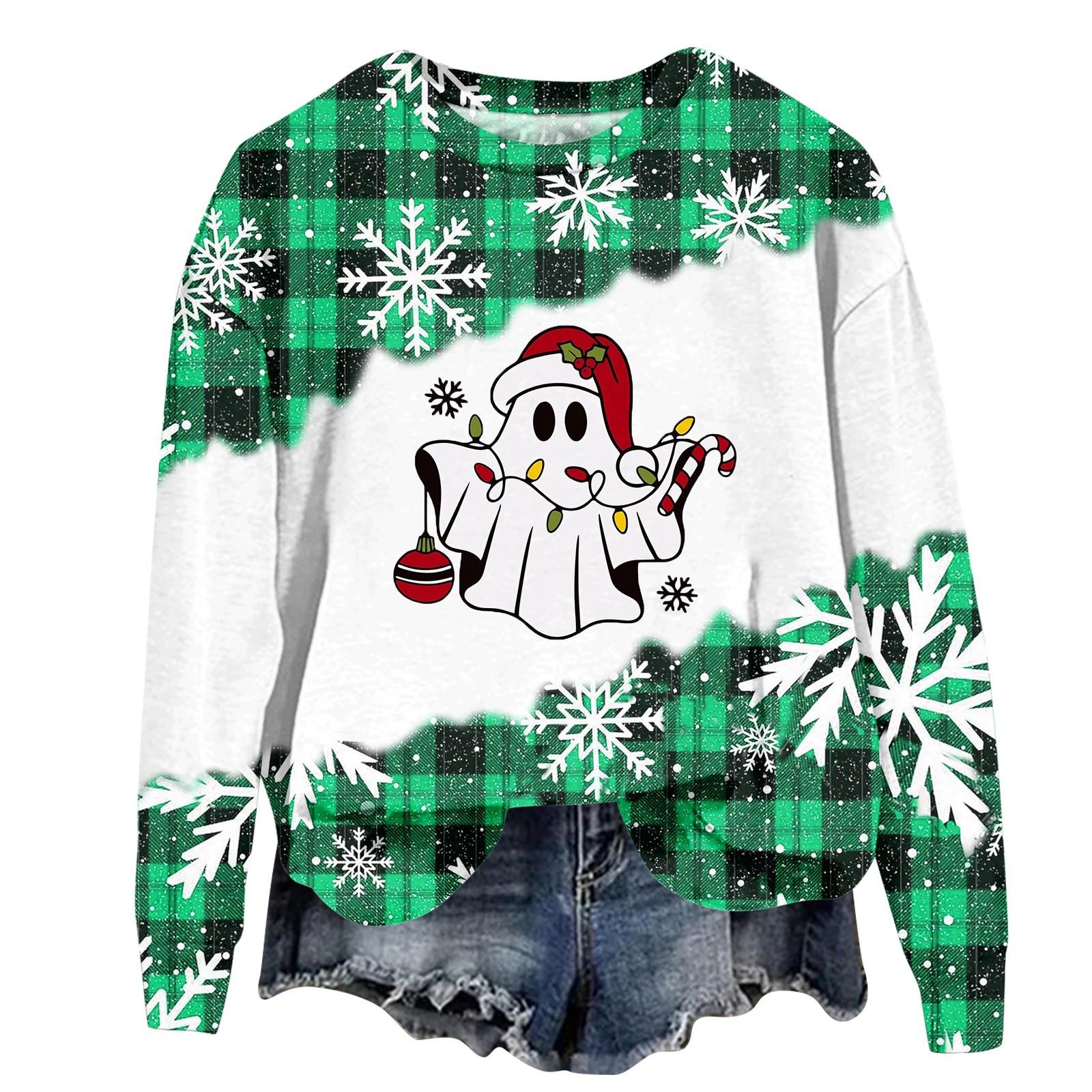 Женская мода рождественский принт длинный рукав свободный круглый вырез толстовка — фото 3