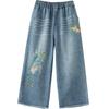 Artistic Retro Heavy Industry Embroidered Denim Wide Leg Pants Spring Summer Women's Loose Waist Casual Nine Fen Jeans