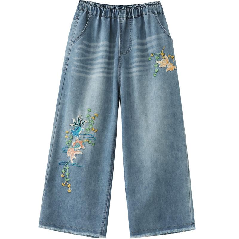 Artistic Retro Heavy Industry Embroidered Denim Wide Leg Pants Spring Summer Women's Loose Waist Casual Nine Fen Jeans