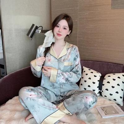 Spring and Autumn Latest Cardigan Ice Silk Long Sleeve Pants Two-piece Butterfly Printed Classical Home Clothes