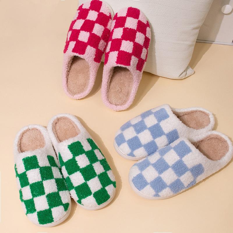 Rainbow Checkerboard Plaid Cotton Slippers Winter Indoor Non-slip Home Fluffy Slippers Plush Warm Winter Cotton Slippers