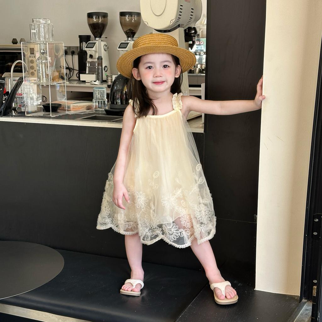 Girls Summer Sweet Mesh Floral Strap Princess Dress Baby Chic Travel Sundress