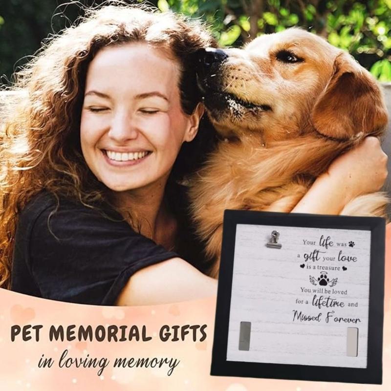 Wood Pet Photo Frame with Collar Holder Clip for Cherishing Memory of Dog and Cats 9x9Inch Pet Memorial Picture Frame