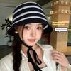 Summer Essential Striped Basin Hat with Knitted Hollow Out Design Foldable for Beach Sunshade