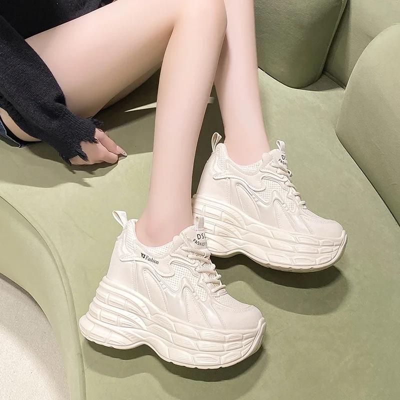 Fashion 11CM Women Casual Leather Sneakers Autumn High Platform Shoes Thick Soles Sports Dad Shoes Woman Chunky Sneakers Chaussure Femme
