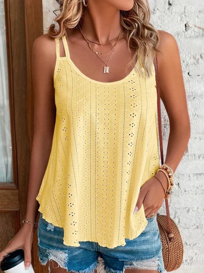 Dames Ronde Hals Mouwloze Tanktop Losse Pasvorm Broderie Jacquard Spaghettibandje Camisole Zomer Laagjes Basic Top