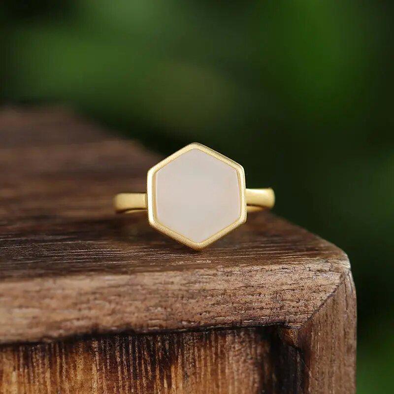

Geometric Frosted Zircon & Imitation Hetian Jade Open Ring Adjustable Open