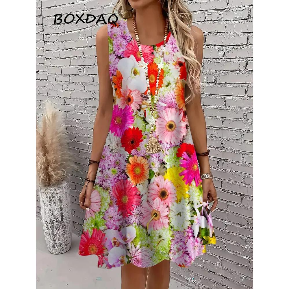 Fashion Versatile Flower Print Dress Casual Comfort Sleeveless Casual Dresses XS