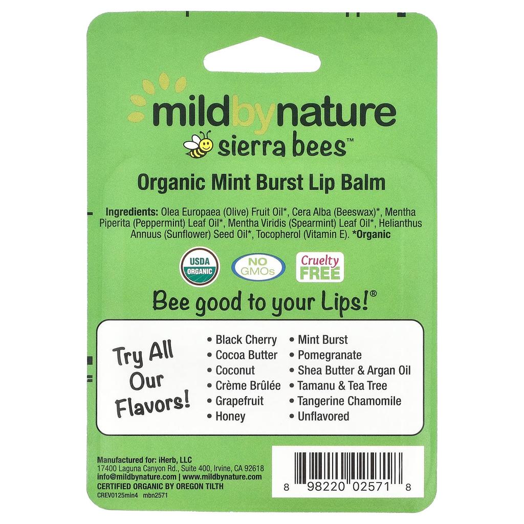 Mild By Nature, Sierra Bees™, Organic Lip Balm, Mint Burst, 4 Pack, 4.25 g (0.15 oz) Each