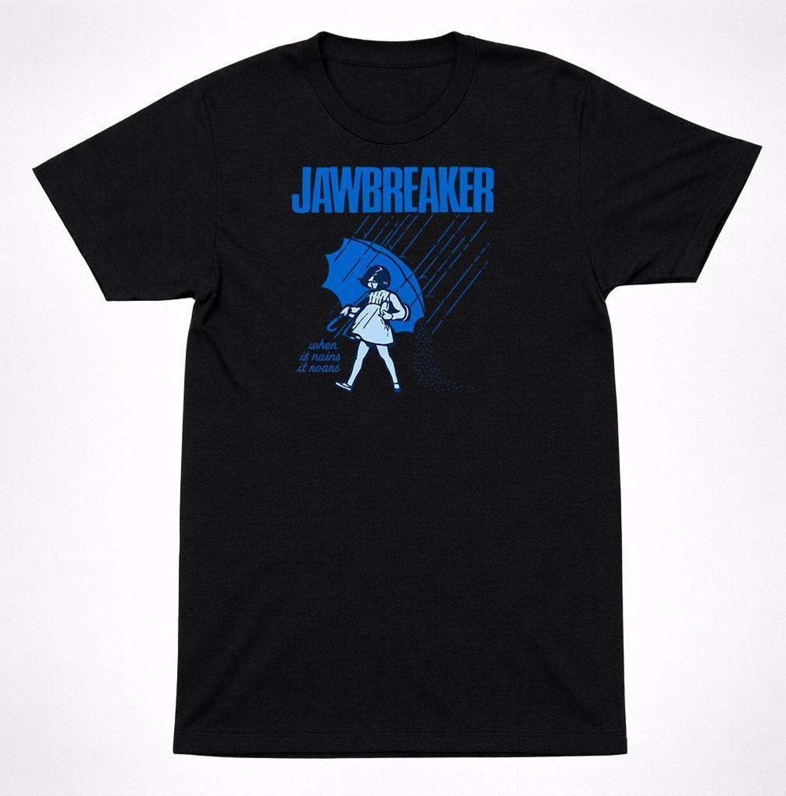 Jawbreaker When It Rains It Roars T-Shirt, Iconic Cat Graphic Blue Umbrella (Unisex S-XXL, Black Cotton Punk Tee) 4XL