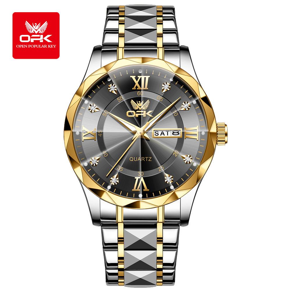 OPK Brand Original Men's Watches Waterproof Week Calendar Quartz Watch for Men Fashion Luminous Diamond Scale Watch