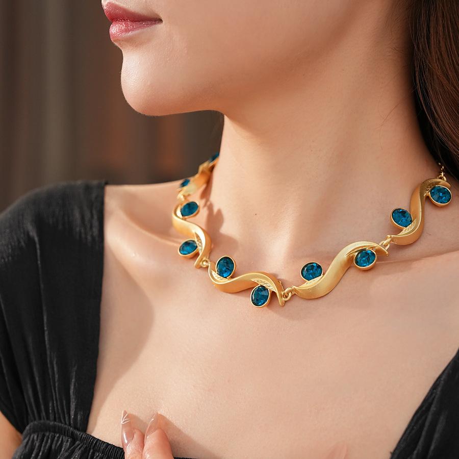 Wave Long Earrings Blue Rhinestone Adjustable Chain Necklace Bohemian Women Jewelry Set