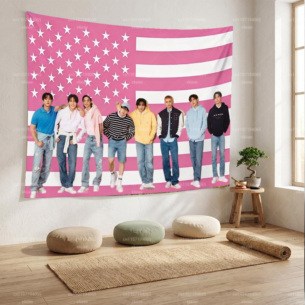 Stray Kids Pink American Flag Tapestry Flat Print Casual Group Photo Wall Hanging KPop SKZ Fan Room Decor Banner for Bedroom