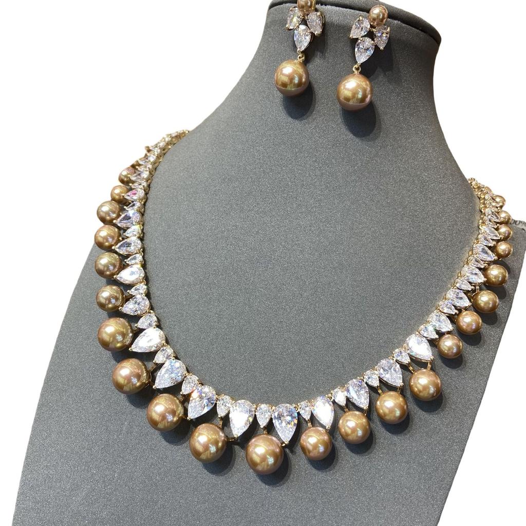 Luxury Accessories Brown Water Drop Zircon Earrings Necklace Set High-End Dinner Bridal Wedding Jewelry