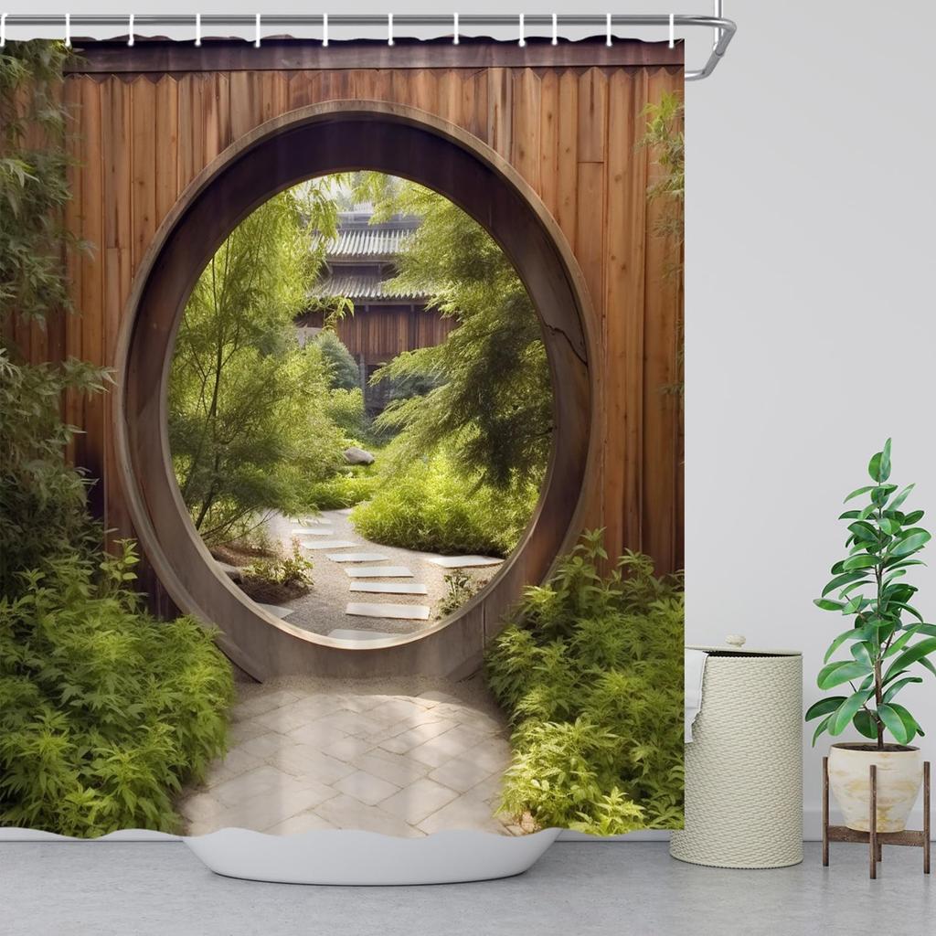 Japanese Shower Curtain Wooden Wall Gate Garden Outside Courtyard Green Plant Rustic Doorway Circle Park Natural Scenery