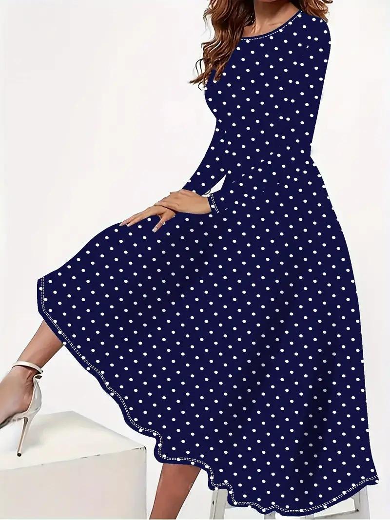 Damen Polka Dot Maxikleid Rundhalsausschnitt Langarm A-Linie Lockerer Schnitt Taschen Vintage Freizeit Langkleid L blue