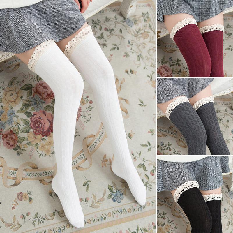 

Women s Long Socks Over Knee Cotton Stockings Jacquard Lace Trim Thigh High