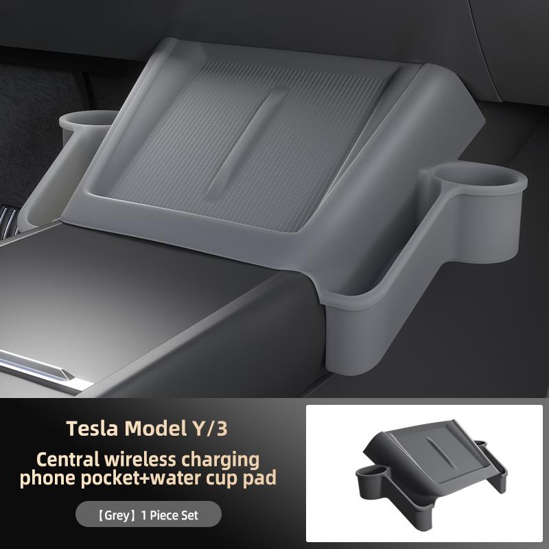 

Suitable for Tesla model Y2025 wireless charging mobile phone pocket with water cup positions on both sides, anti-slip storage p серый