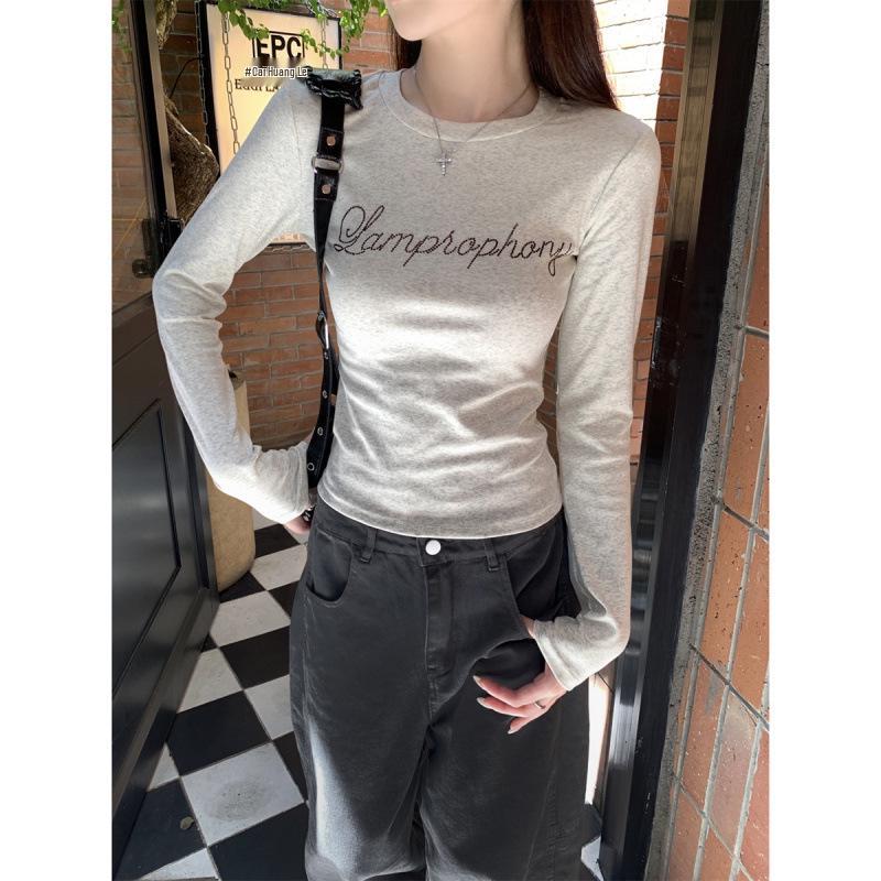 Autumn Korean Style Letter Print Round Neck Long Sleeve Women's T-shirt