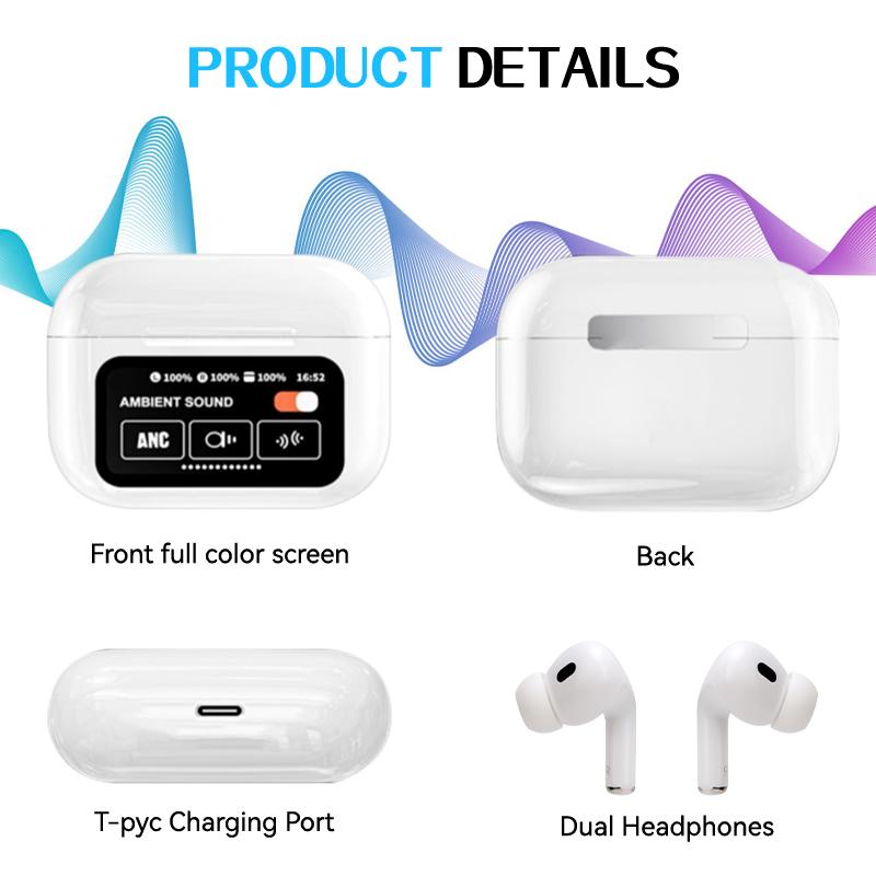 Bluetooth Headphones Touch Screen ANC Noise Cancelling Wireless Earbuds