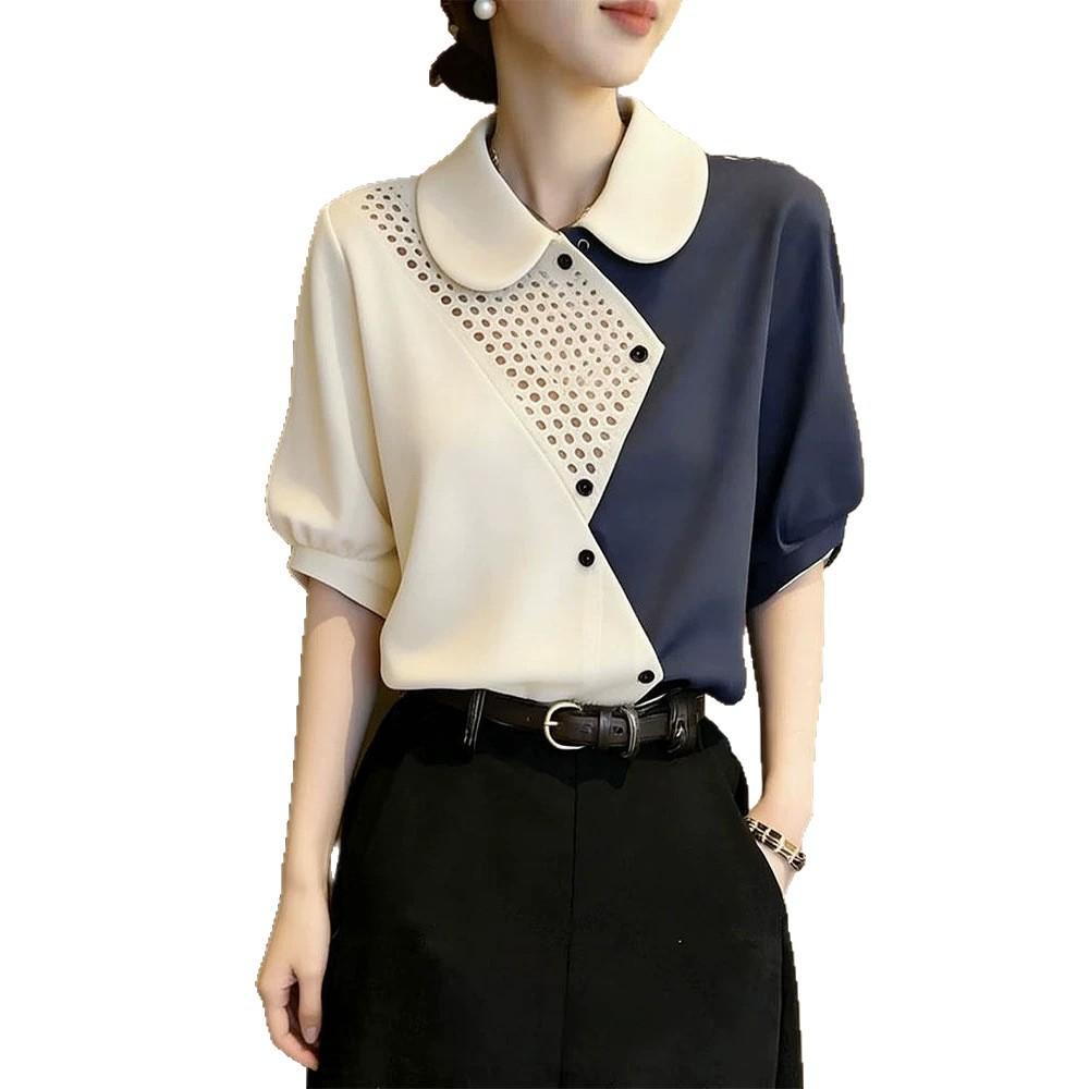 High-end Contrasting Color Splicing Short-sleeved Shirt Women's Summer New Fashion Foreign Style Thin Top Trendy A
