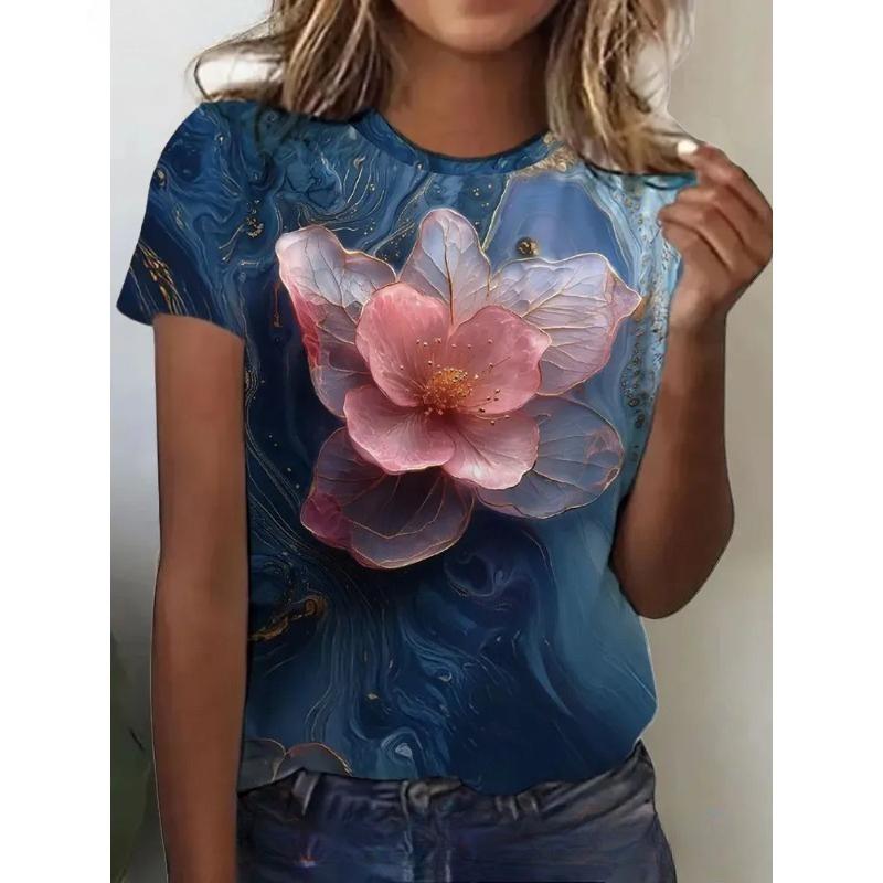 Summer Short Sleeved Loose Casual Women's T-shirt Beautiful Flower Pattern Fashionable Daily Comfortable T-shirt