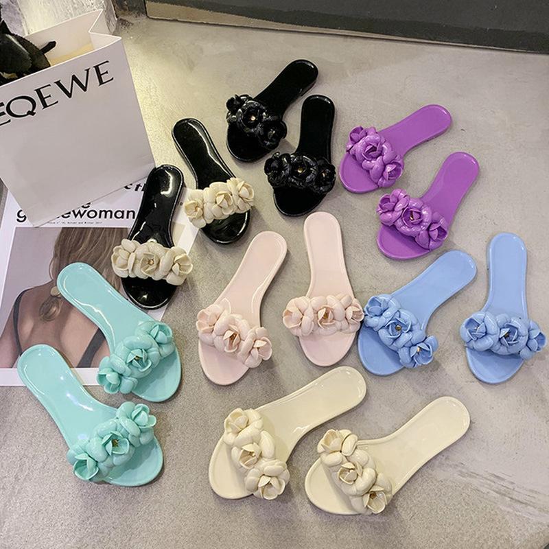 Fashion Comemore Sweet Women Flower Appliques Slippers Pvc Jelly Shoes Flat Heel Soft Elegant Leisure Slides Outdoor Beach Chinelos 2025