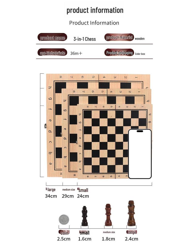 Premium Solid Wood 3-in-1 Chess Set: Chess, Double Queen, and Checkers
