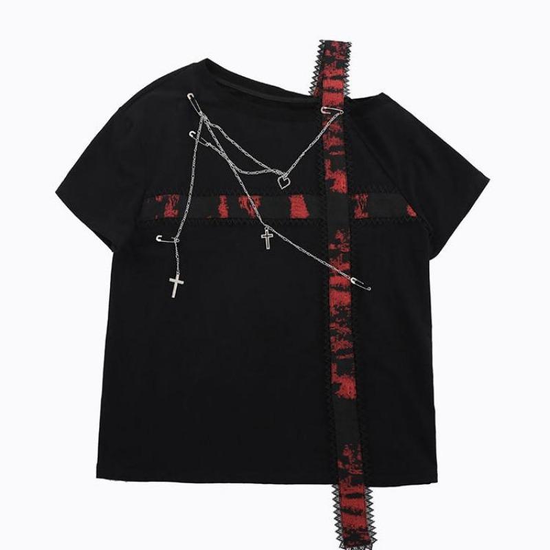 

2KWEIRD Футболки Харадзюку Женские Топ с крестом и цепочкой Свободные футболки с открытыми плечами Модные футболки Пэчворк Y2k Эстетика Гранж Футболка M