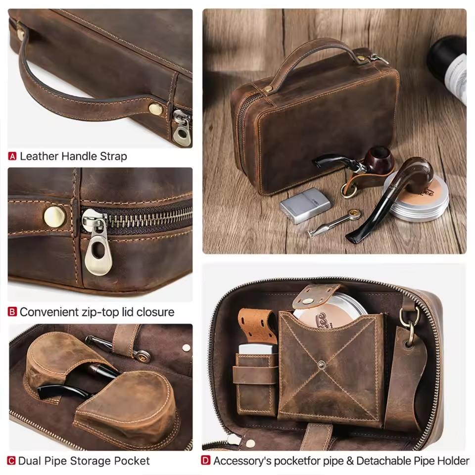 Smoke Pipe Bag Dual Storage Pipe Pocket Zip Leather Portable Travel Multi-functional Creative Luxury Smoking Accessories CP-25B1