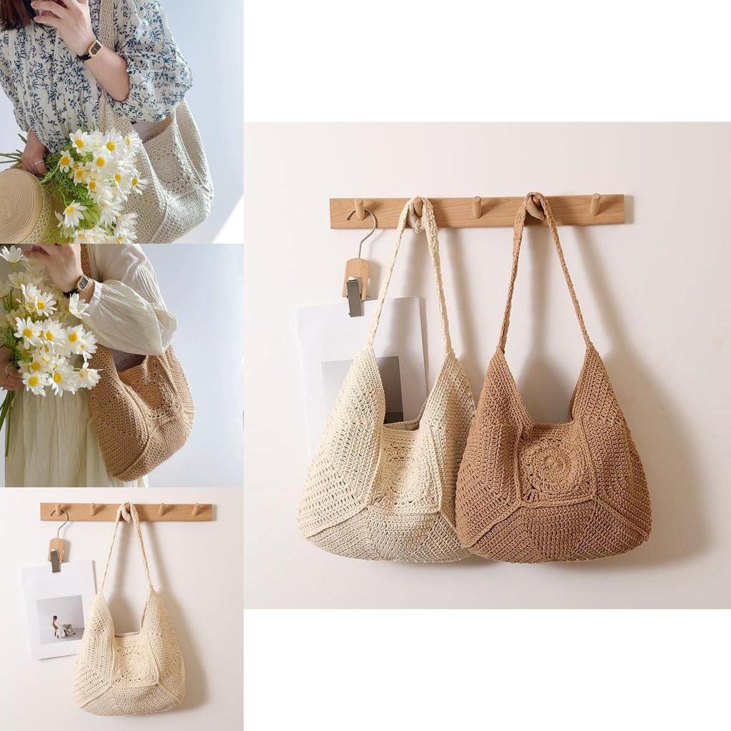 Korean Vintage Hollowed Handwoven Cotton Tote Bag With Magnetic Closure For Casual Outings