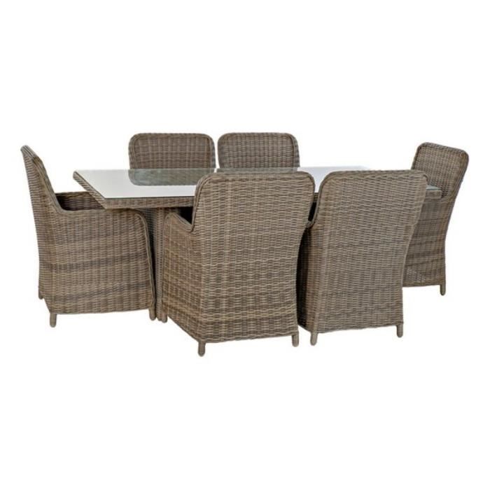 Table and 6 Chairs Set - Steel and Rattan - Beige - 200 X 100 X 75 Cm - Weather Resistant