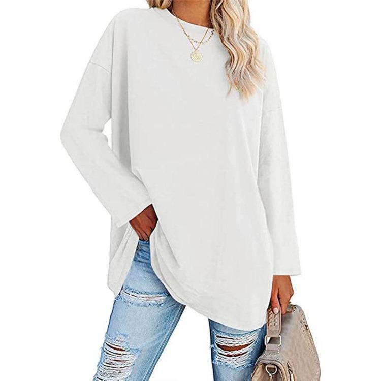 Plus Size Women Casual T Shirt Big Size Clothing Long Sleeve Round Neck Solid Color Spring Autumn S белый