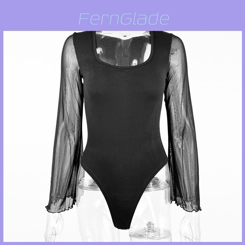 Sexy Spring Bodysuit With Mesh Sleeves And U Neck For Night Out Fashion