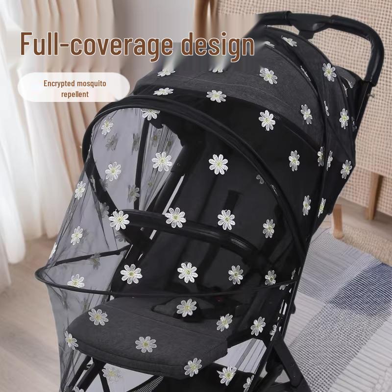 Universal Baby Stroller Mosquito Net with Zippered Embroidered Chrysanthemum Design