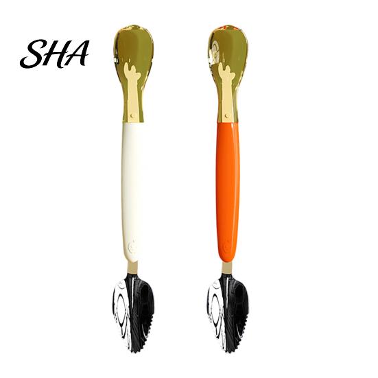 Fruit Scraper Spoon Double Head Baby Spoon, Silicone Feeding with Serrated Stainless Spoons Steel Scraper, Hygienic Infant Tool, for Puree Safe