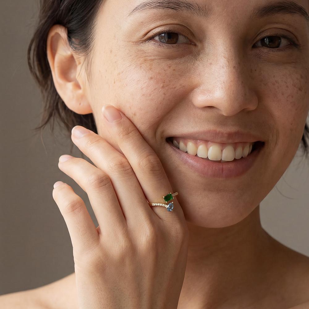 925 Sterling Silver 14K Gold Plated R Dainty Two-Tone Gemstone Stackable Trendy Colorful Baguette Pear Cz Zircon Open Ring