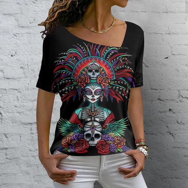 Summer V-neck 3D Skull Rose Print Top Fashionable Casual Short Sleeved Women's T-shirts