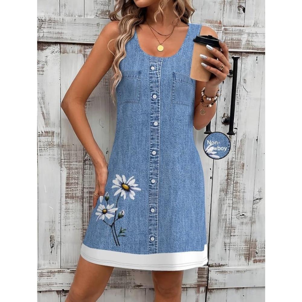 Gonna in Denim da Donna con Stampa a Fantasia Senza Maniche Girocollo Vestito Ampio Morbido e Comodo Taglie Forti