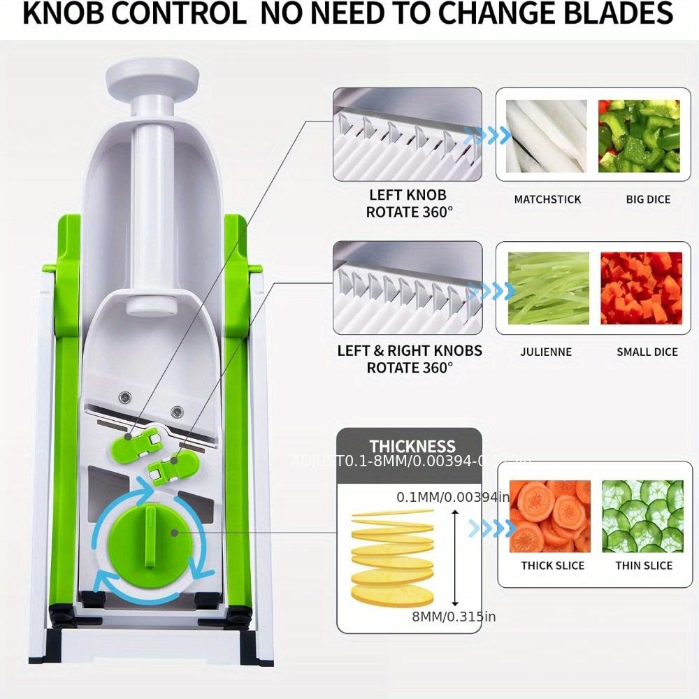 Mandolinskjærer, Sikker fingerdesign, Potet- og grønnsakshakker, Pommes frites-kutter, Justerbar tykkelse, Profesjonelt kjøkkenredskap, Grønn plast