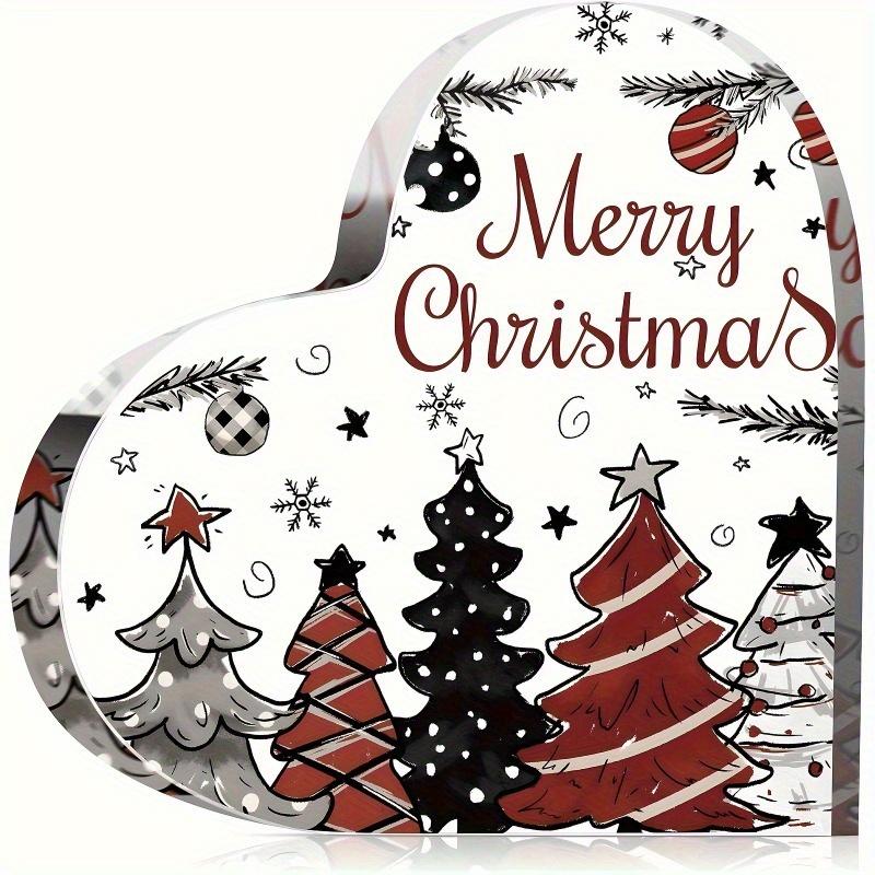 2D Flat, "Merry Christmas" Heart-Shaped Acrylic Christmas Desktop Decoration, Festive Trees and Snowflakes, Suitable for wall decoration, porch, room,