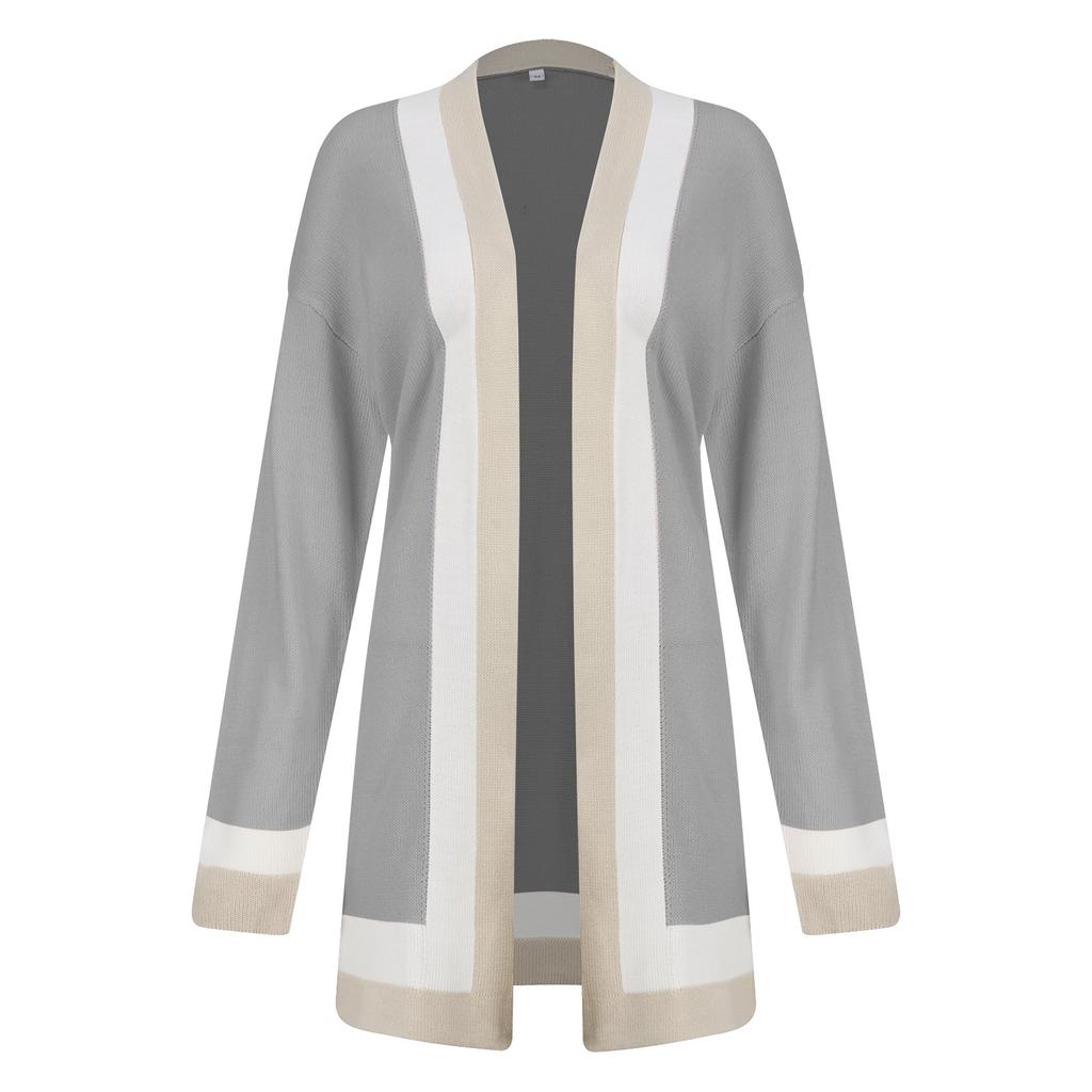 Women's  And Winter Women's Solid Color Stitching Long-sleeved Cardigan Knitted Sweater