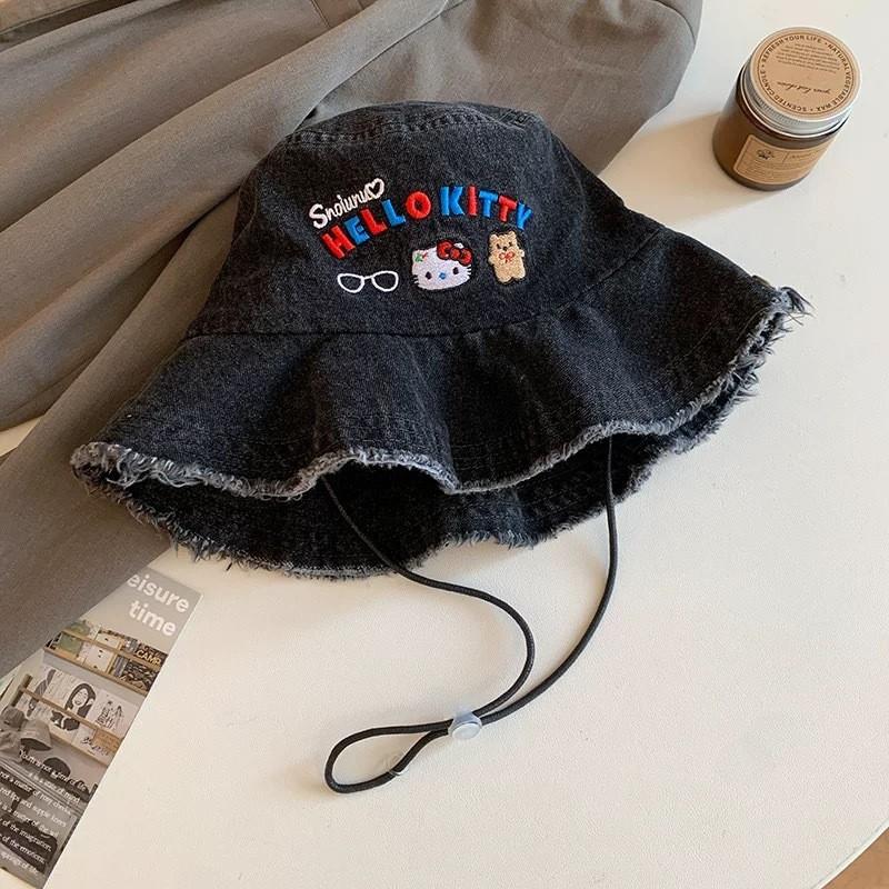 Hello Kitty Denim Fisher Hat With Wide Brim Sun Protection For Summer Outings