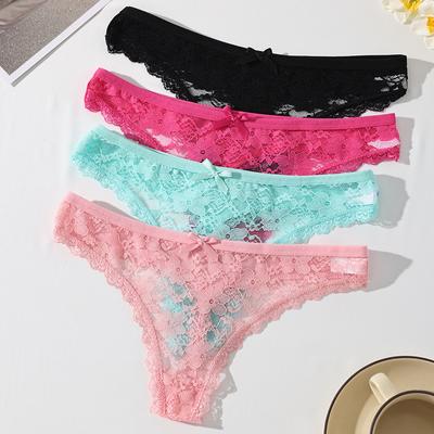 4ks Dámské Sexy Krajkové Kalhotky Nízký pas Spodní prádlo Tanga Dámské G String Prodyšné spodní prádlo Pokušení Vyšívání Intimky
