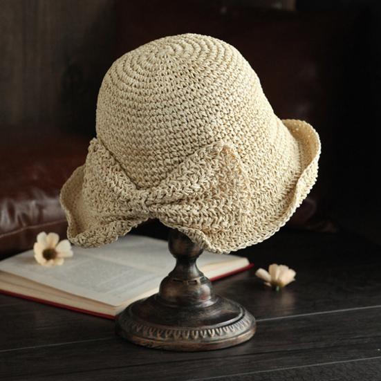 Bucket Brim Hat Bowknot Straw Summer Hat Wide Decor Side Split Design